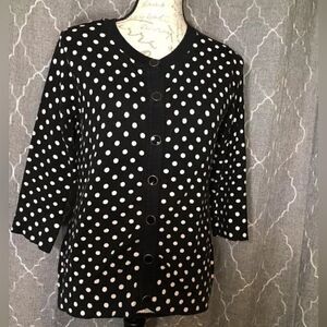 JM Collection 3/4 Slv Black Whtie Polka Dot Button Down Cardigan Sweater - Sz S